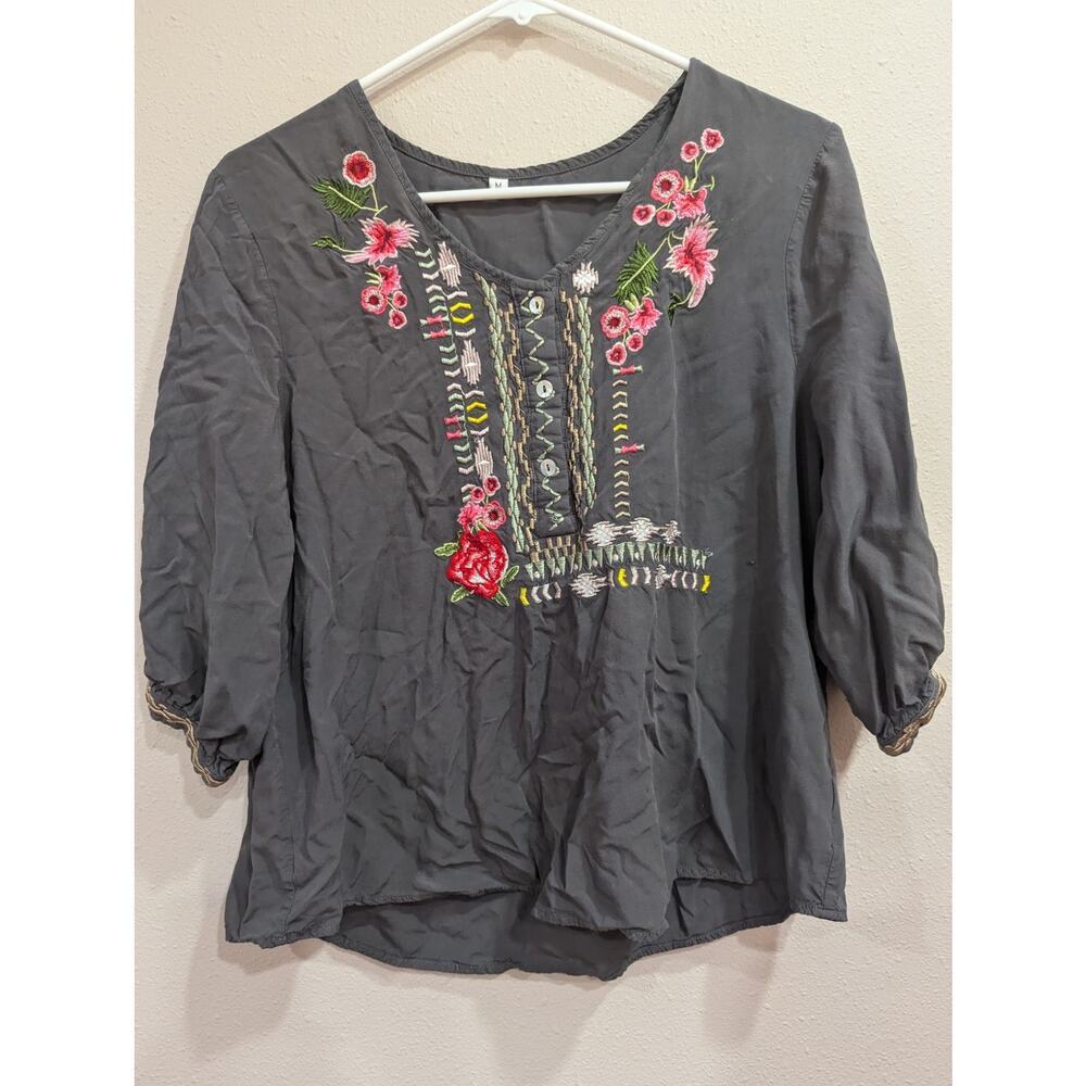 Grey peasant style embroidered blouse no tag size M